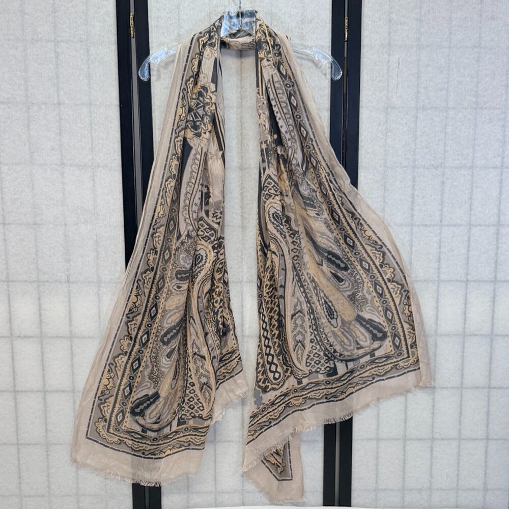 Studio 36 Rectangular Long Fringed Scarf Wrap Pashmina Grey Gold Black NWT